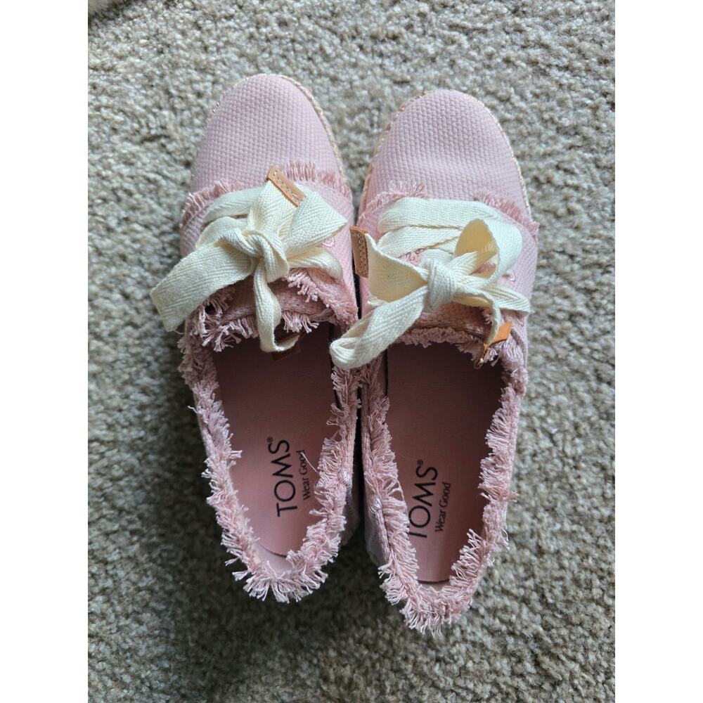 Toms Pink Fringe Canvas Flats with Cream Bow